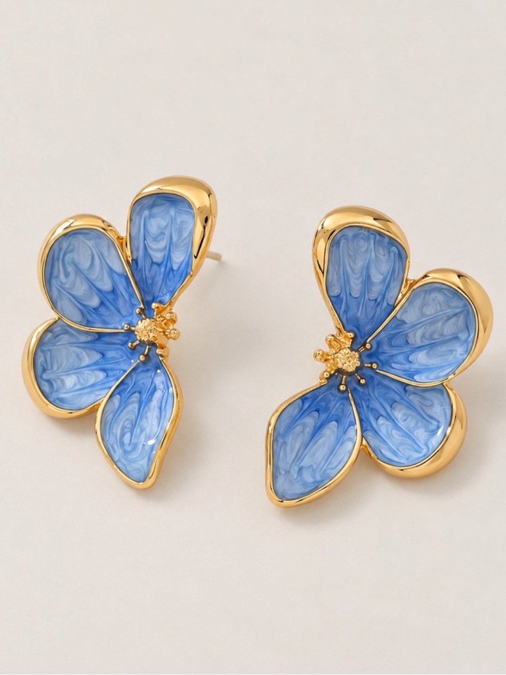 New! Blue Hand Painted Flower Petal Statement Earrings NWOT 5082
